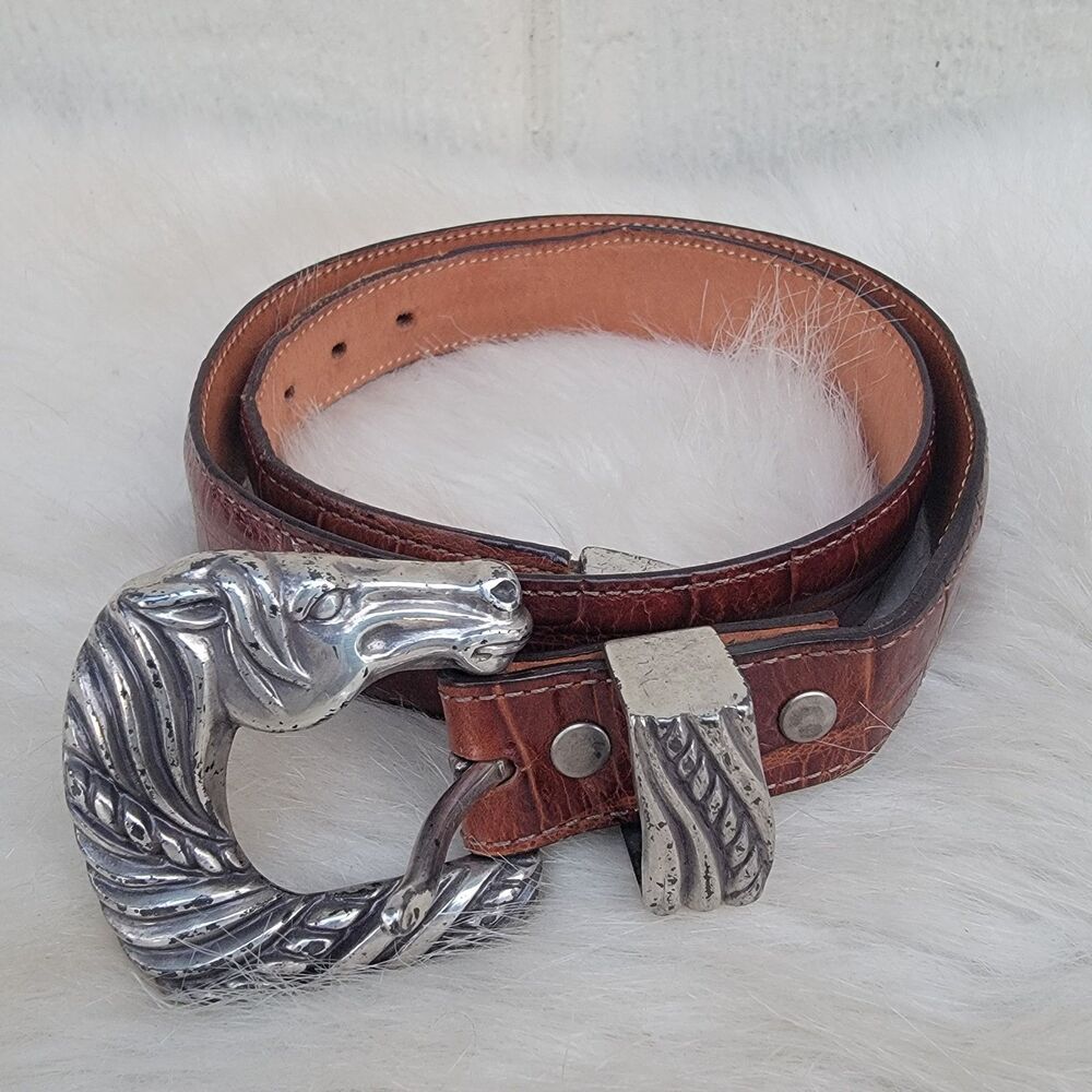 Vintage Brighton onyx horse buckle belt Brown Sz 28 Equestrian Western